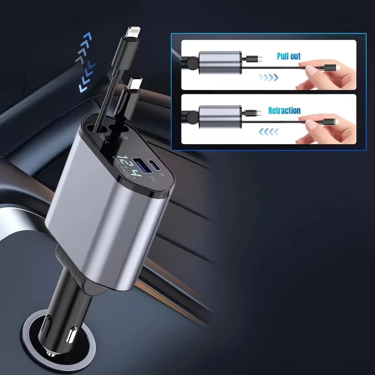 4 in 1 120W Car Charger Retractable Car Cigarette Lighter Adapter USB Type C Fast Charger Cable for Iphone Xiaomi Huawei Samsung
