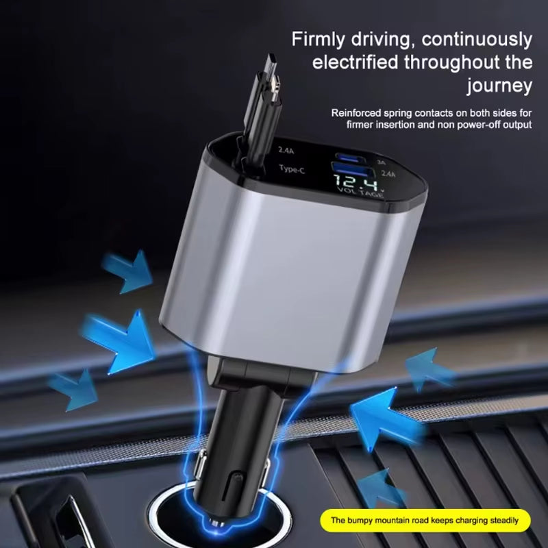 4 in 1 120W Car Charger Retractable Car Cigarette Lighter Adapter USB Type C Fast Charger Cable for Iphone Xiaomi Huawei Samsung