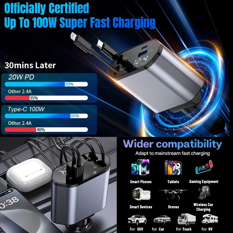 4 in 1 120W Car Charger Retractable Car Cigarette Lighter Adapter USB Type C Fast Charger Cable for Iphone Xiaomi Huawei Samsung
