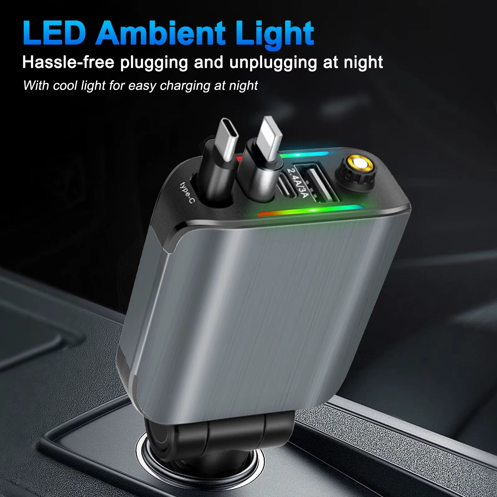 4 in 1 Car Charger with Starry Sky Spotlightretractable Car Charger with Charging Cable & 2Charging Ports, Universal Car Charger