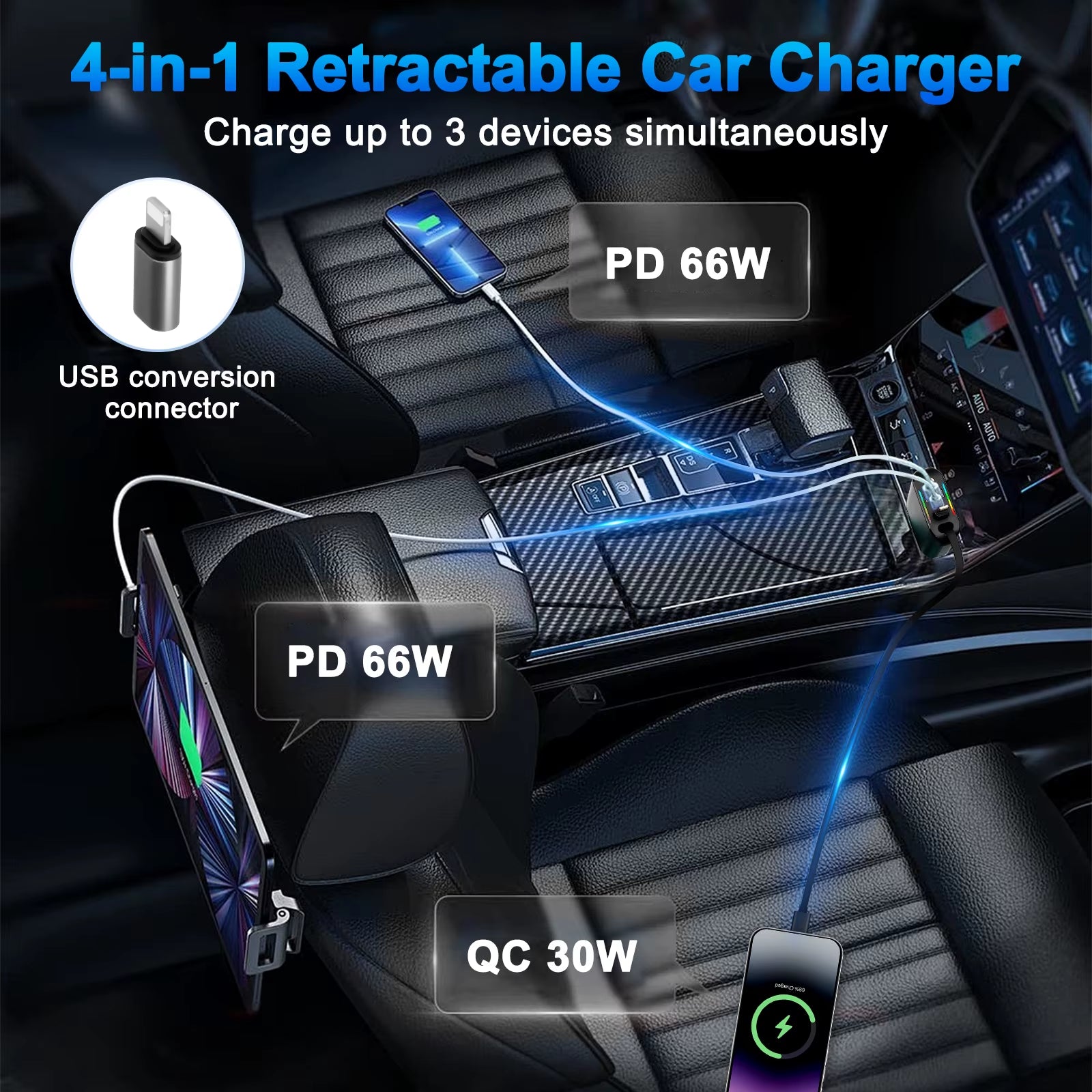4 in 1 Car Charger with Starry Sky Spotlightretractable Car Charger with Charging Cable & 2Charging Ports, Universal Car Charger
