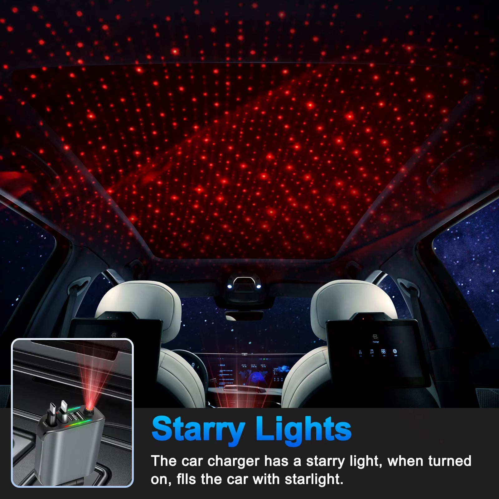 4 in 1 Car Charger with Starry Sky Spotlightretractable Car Charger with Charging Cable & 2Charging Ports, Universal Car Charger