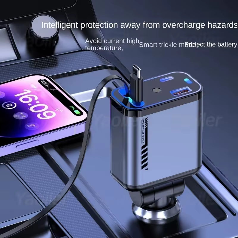4 in 1 Retractable Car Charger with Starlight 120W USB C Car Charger Adapter W/ 2 USB Ports Car Phone Charger for Iphone Samsung